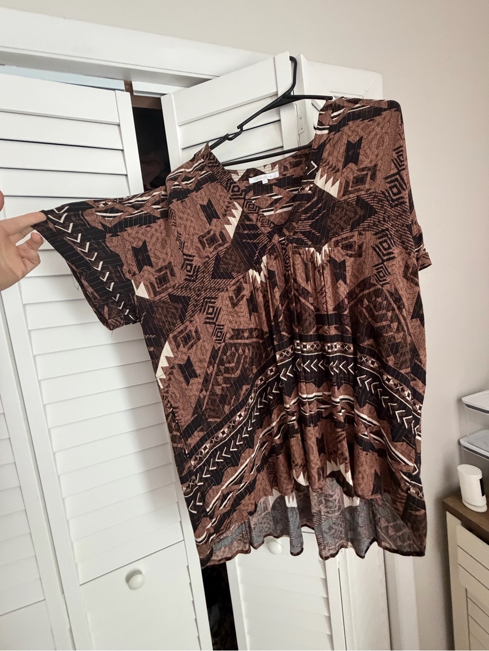 Olivaceous Brown and Black Aztec-Print Short Sleeve Tunic